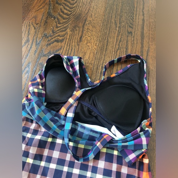 Motherhood Maternity M Checkered Orange/Blue One Piece w/Cross Straps & Bow NWOT - Picture 9 of 12